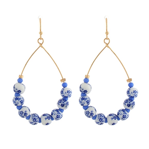 Blue Patterned Ceramic Teardrop Earrings - Picture 1 of 1